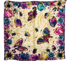 Vintage Oversized Square Scarf Butterflies Flowers Floral Cream Shiny Poly Silk