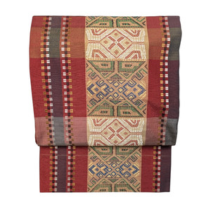 Japanese Kimono Fukuro Obi Brown Geometrical Embroidery Pattern Pre-owned Silk