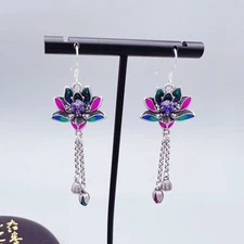 Retro Enamel Lotus Earrings Chinese Style Dangle Drop Jewelry National Trend