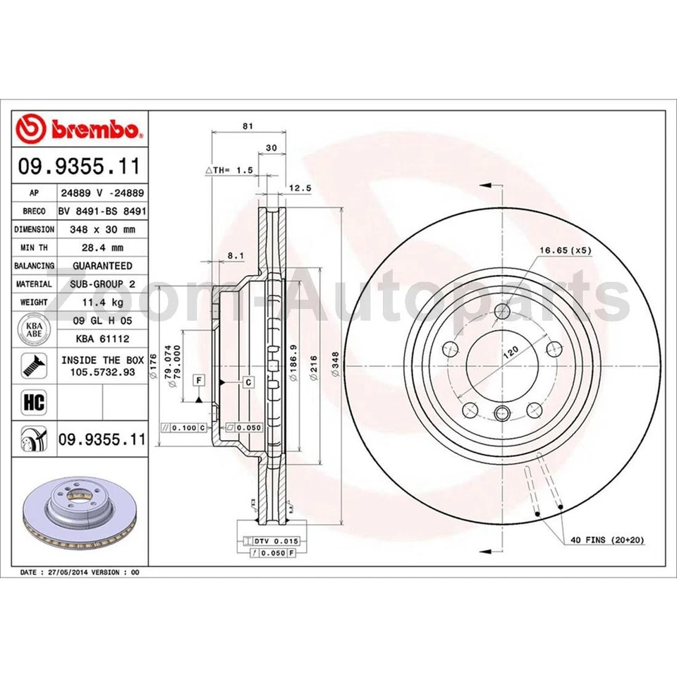 Комплект передних тормозных дисков и тормозных колодок Brembo OE для BMW 745i 2002 2003 2004 2005 годов выпуска - Изображение 2 из 4
