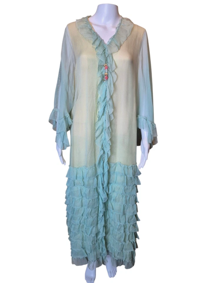 Vtg 20s Seafoam Green & Yellow Silk Georgette Robe Jay Thorpe Flapper Lingerie - Image 3 of 4