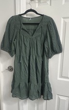 Old Navy Sz M Puff-Sleeve Tiered Embroidered Mini Swing Mini Dress Green Boho