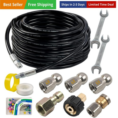 #ad for Pressure Washer 50FT Drain Cleaner Hose 1 4 Inch NPT Orifice 4.0 Button... $66.55