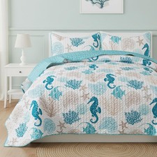 Coastal Queen Quilt Set with 2 Shams Beach and Ocean Theme Bedding