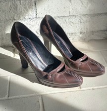 Vintage Bottega Veneta Brown Leather Stitch Detail Platform Pumps