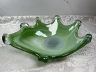 Vintage Murano Style Green Art Glass Bowl Hand Blown Console Dish 10” MCM