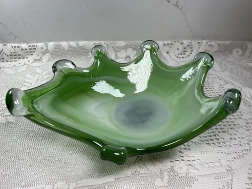 Vintage Murano Style Green Art Glass Bowl Hand Blown Console Dish 10” MCM