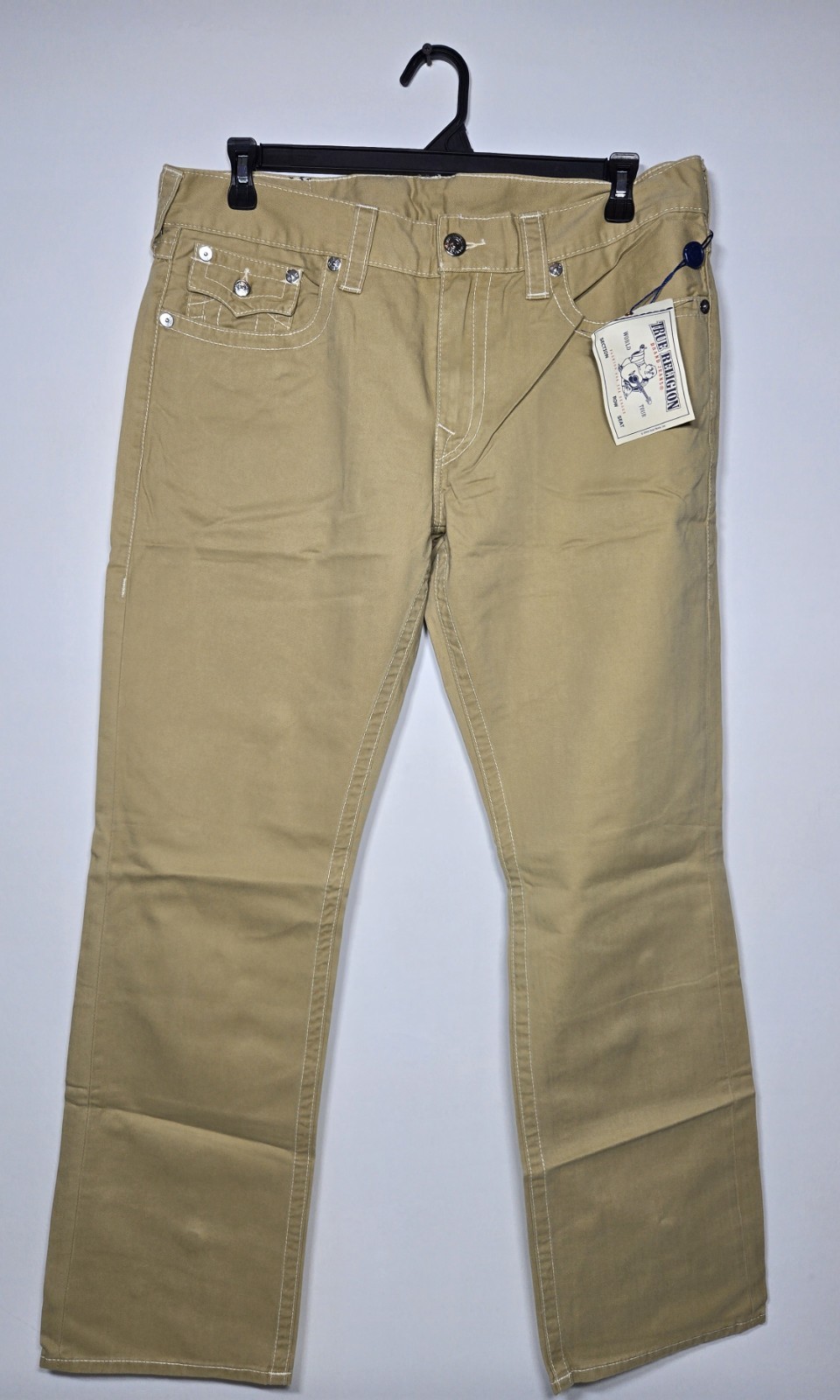 True Religion Men's Straight Flap Twill Pants Khaki Straw Size 36 NWT $189 Spots