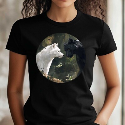 Women's Black Panther with White Wolf Motif Cotton T-Shirt Size S to 3XL