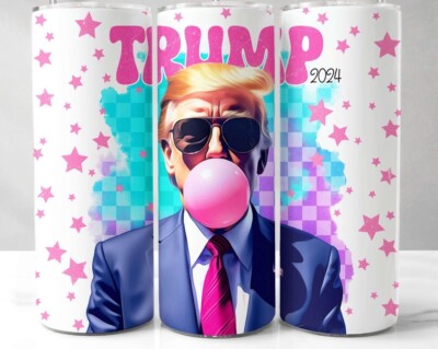 NEW TRUMP BLOWING PINK BUBBLE GUM 20 OZ STAINLESS STEEL TUMBLER CUP +LID & STRAW