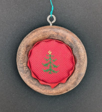 Vintage Handmade Cross Stitch Ornament-Needlepoint Christmas Tree/Bell 2" Round