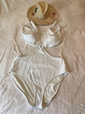 Aerie Womens Wide Rib Cut Out Ring One Piece Swimsuit White Xl Beach Pool NWOT