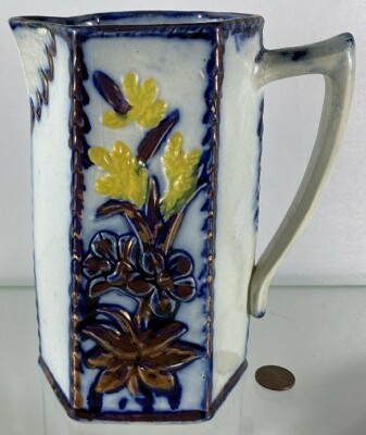 Antique 1860's Flow Blue Staffordshire England Gaudy Flow Blue Luster Pitcher