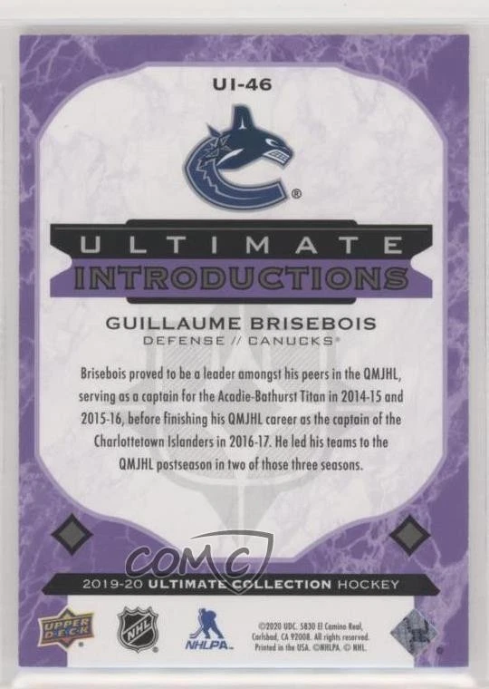 2019 Ultimate Collection Introductions Purple /9 Guillaume Brisebois Rookie RC - Image 2 of 2