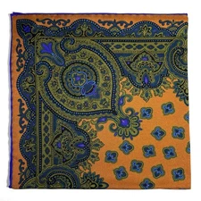 Burnt Orange & Olive Medallion Ancient Madder Silk Pocket Square (Hand-Rolled)