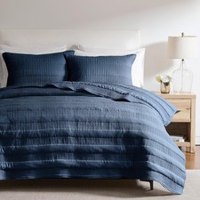 Navy Blue Striped King Size Quilt Set, Lightweight Pick Stitch Bedspread with 2