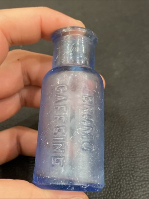 Antique BROMO CAFFEINE Bottle Cornflower Blue 1890 s Medicine Bottle 3.25  Tall
