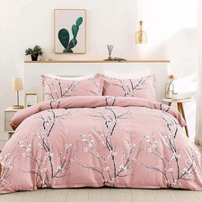 Floral Duvet Cover Set King, Pink Flower Plum Pattern Comforter Cover Set wit...