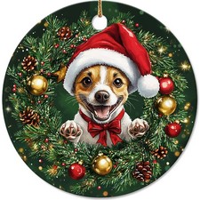 Funny Jack Russell Terrier in Santa Hat Ornament, Puppy Ceramic Christmas Decor
