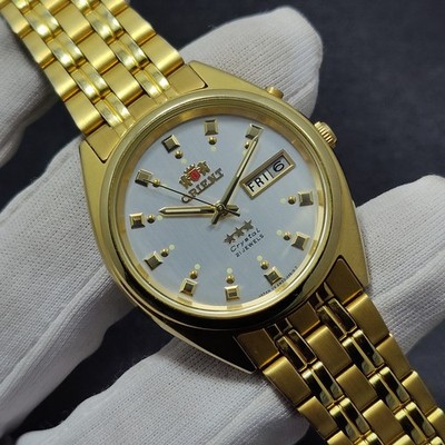 N.O.S Orient Automatic ''Silver Dial'' Day/Date 21J Golden Men's Watch