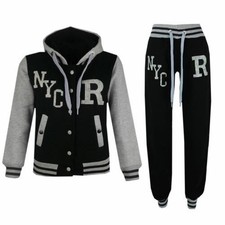 Kids Girls Boys Hooded NYC Baseball Varsity Black Tracksuit Hoodie Bottom Jogger