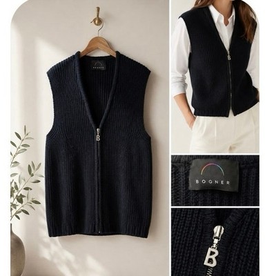 Bogner Ribbed Knit Zip Vest Black Luxury Rare Logo Pull Sleeveless Size 12