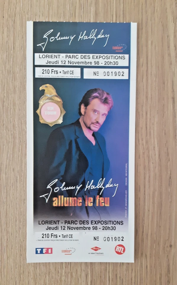 JOHNNY HALLYDAY Ticket Billet Concert Jeudi 12 Novembre 1998 avec TALON CE - Photo 1/2