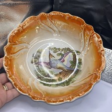 Antique  Bavaria Bird Floral Lusterware Serving Bowl Peach Orange 9”D , 3”High
