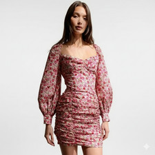 Nasty Gal Floral Balloon Sleeve Ruched Mini Dress – Size 10