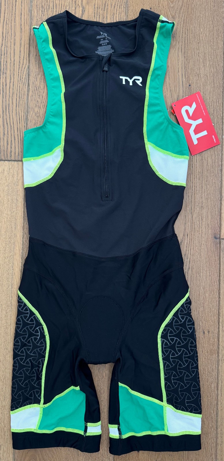 TYR COMPETITOR Men's Small Black Green Trisuit Short John with Bike AMP Pad New