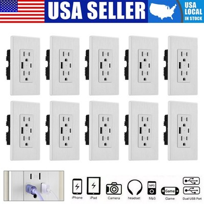 15A AC Power Receptacle Outlet Plate Panel Dual USB Port Wall Socket Charger Lot