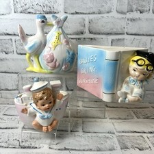 Vintage Baby Nursery Ceramic Planter Set Stork, Book, Sailor Pastel Decor