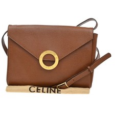 CELINE Logo Circle 2Way Shoulder Clutch Bag Leather Brown Gold Italy 83KP202