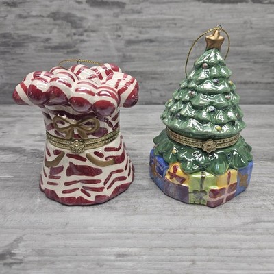 Candy Cane Music Box Trinket Box Ornament Animated Ice Skaters Inside Ceramic