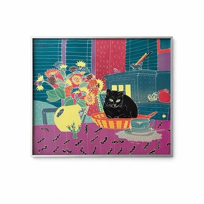 Judith Geiger  Birthday Treasures  1992 Silk Painting Framed 20x26 Cat Art