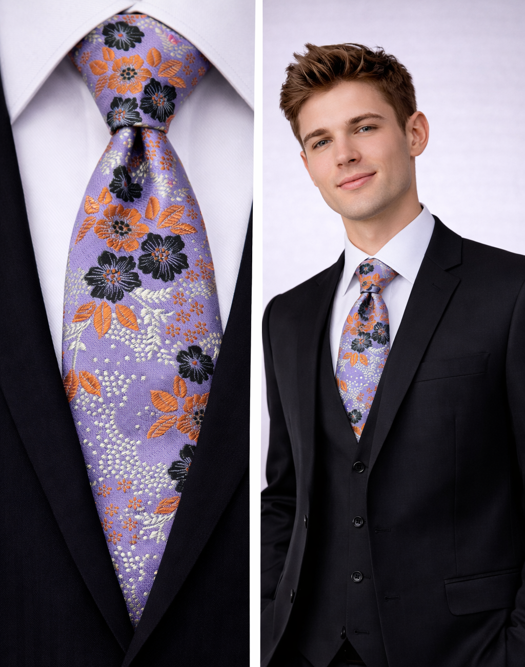 Floral Men's Tie Purple Orange Lilac Silver Rose Silk Wedding Formal Gift UK