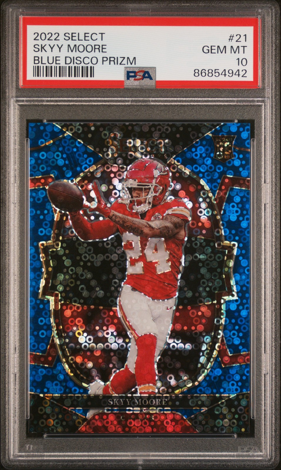 2022 Panini Select Skyy Moore #21 Blue Disco Prizm /25 PSA 10 Chiefs --