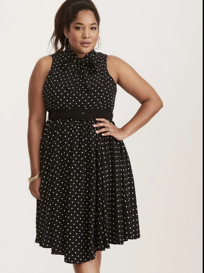 Torrid dress size 20 polka dot midi challis tie front swing black plus NWT  | eBay