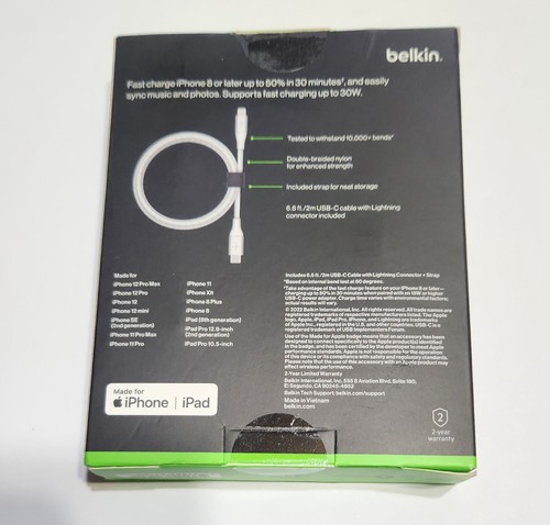 NEW White Belkin Boost Charge Braided USB-C to Lightng Cable 6.6ft/2M - CAA004 - Picture 5 of 9