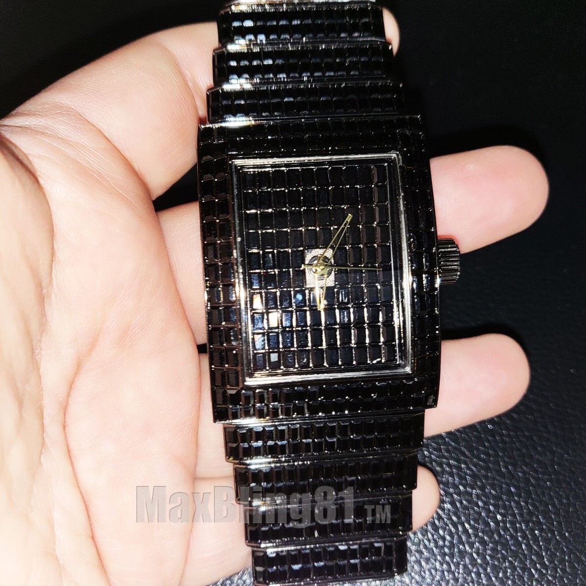 Men's Watch Luxury Iced Black Baguette Full Stone Square