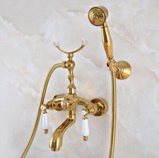 Gold Color Brass Wall Mount Clawfoot Bath Tub Filler Faucet Set Handheld Shower