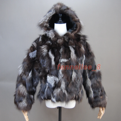 ジャケット・アウター real fox fur coat 90s Womens Real Fox Fur Coat Luxury Silver Fox Fur Hooded Jacket