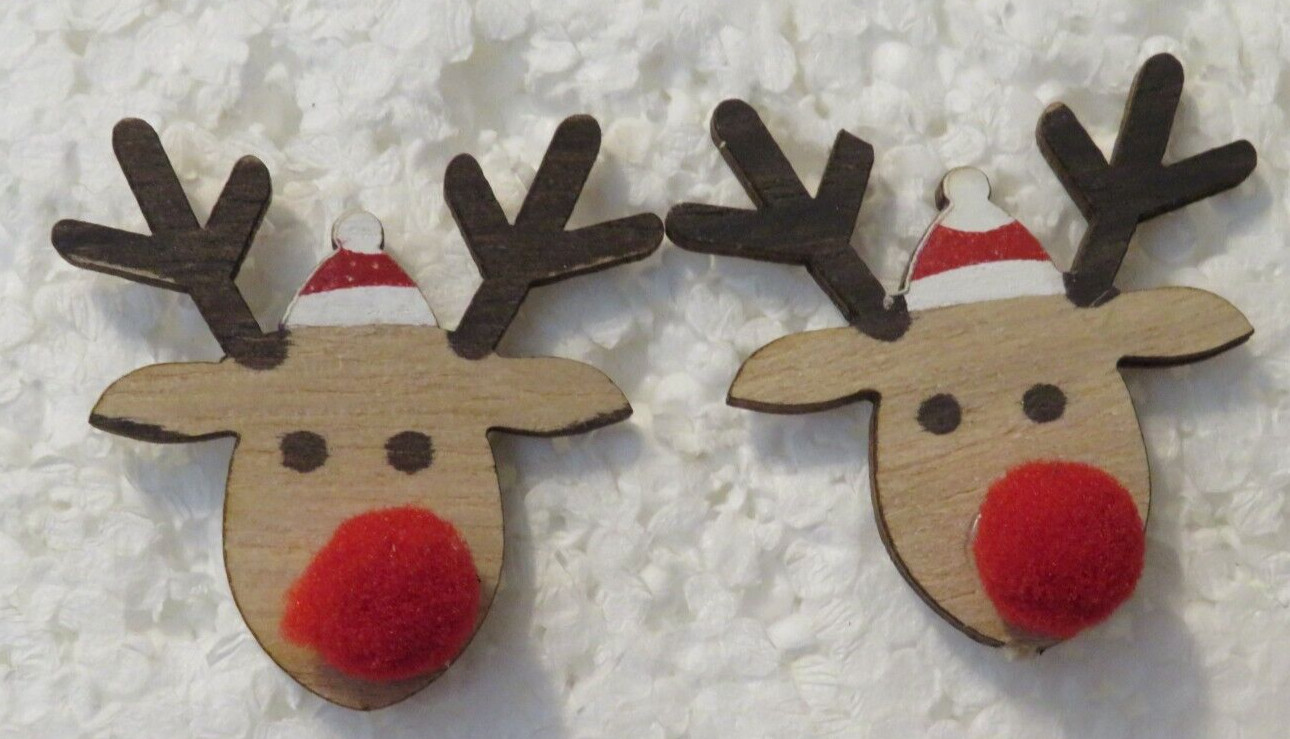 Rudolf Reindeer Wood Head Stud 1 1/2" Earrings Hand Painted Red Pom Nose
