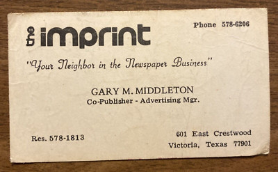 Vintage 1970s The Imprint Newspaper Publishing Business Card Victoria Texas P1H
