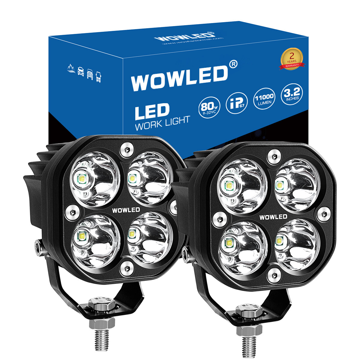 WOWLED 12V 24V 2x 3'' 80W  Cubes Spot LED Pods Light for Tractor ATV SUV Trucks
