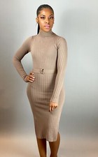 Women Bodycon long sleeve split on side dress (Small) (Tan)