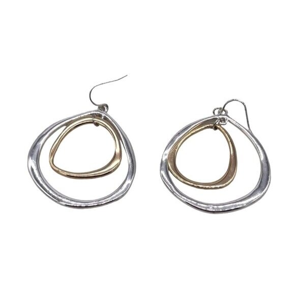 Double Circle Dangle Drop Earrings Silver Tone Bo… - image 1