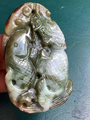 Green & Light Tan 2 Sided Jadeite Dragon Fish, Fish & Mushroom Pendant