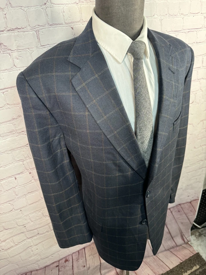 TALLIA UOMO Mens Navy Blue Overcheck SILK WOOL Blazer Sport Coat Jacket 46R - Image 3 of 4