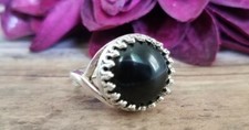 Black agate ring, adjustable, silvertone, stone, antique style gothic victorian